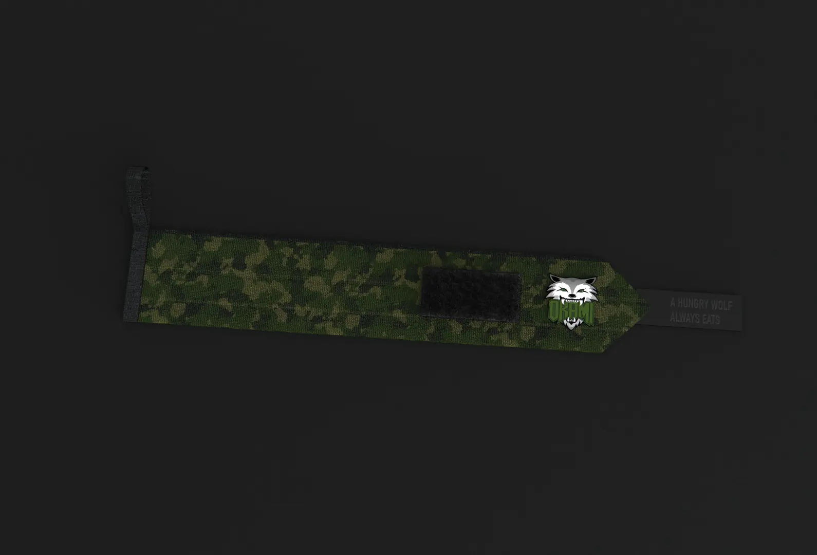 3D-produktrendering af groen camo-wrap i vaevet tekstil