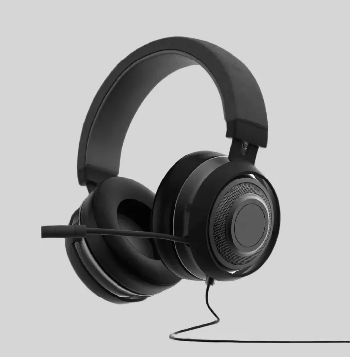 3D-produktbillede af sort gaming-headset i mat plast og mesh