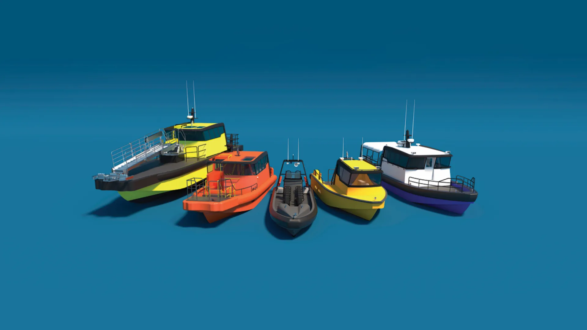 3D-visualisering af fem arbejdsbaade i forskellige farver